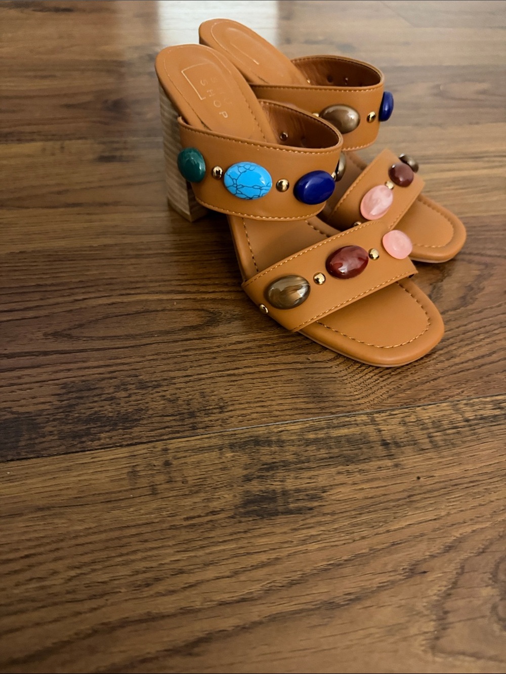 ShuShop Tan Block Heel Mule with Multicolored Stone Accents - Picture 5 of 5